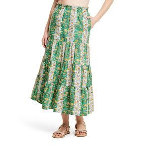 Women's Mixed Whimsical Floral & Stripe Print Midi Skirt - RHODE Green/Blue